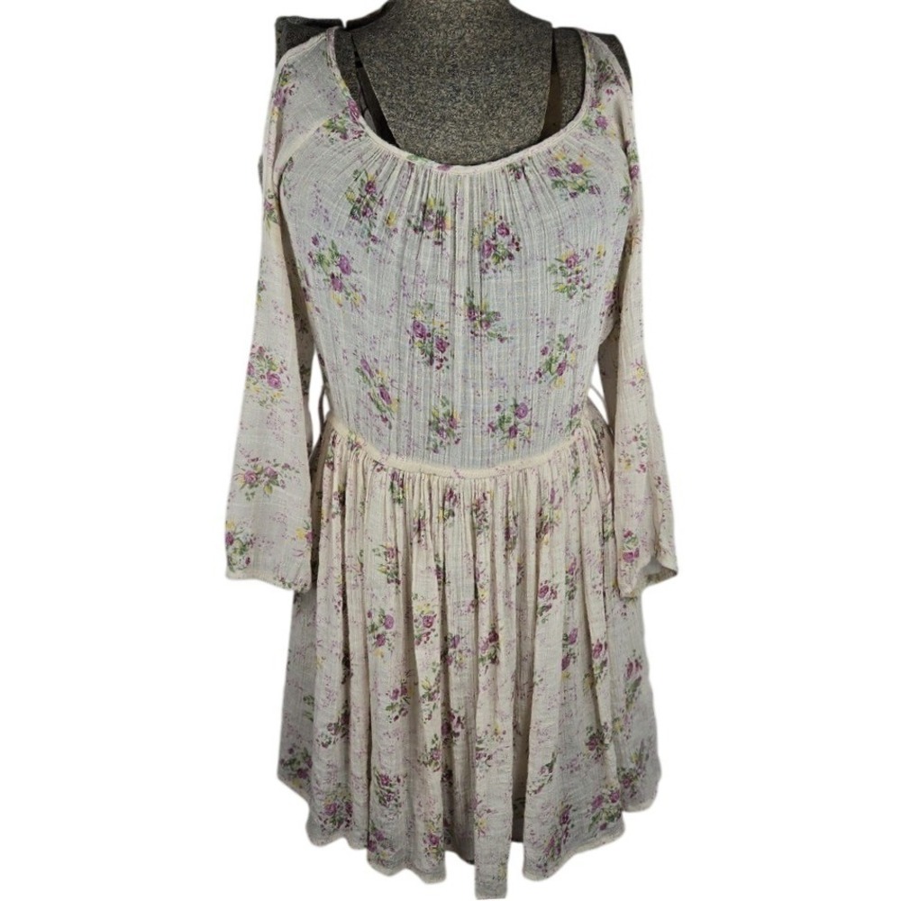 Love Culture Floral Cold Shoulder Mini Dress Small Cream Pink Cottagecore